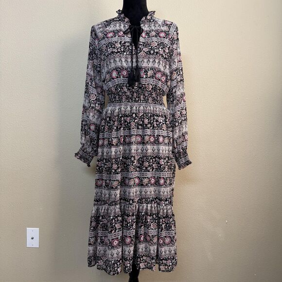 Black Tape Dress Womens Small Black Pink Floral Boho Midi Hippie Peasant Smocked - Picture 1 of 14